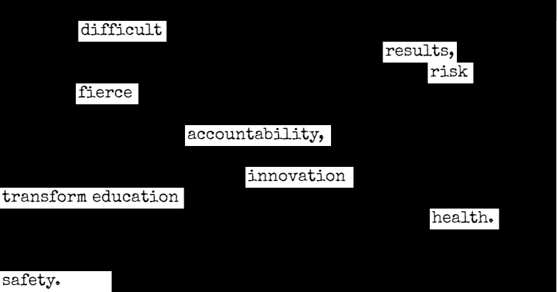 Blackout poem highlighting the words: difficult, results, risk, fierce, accountability, innovation, transform education, health, safety