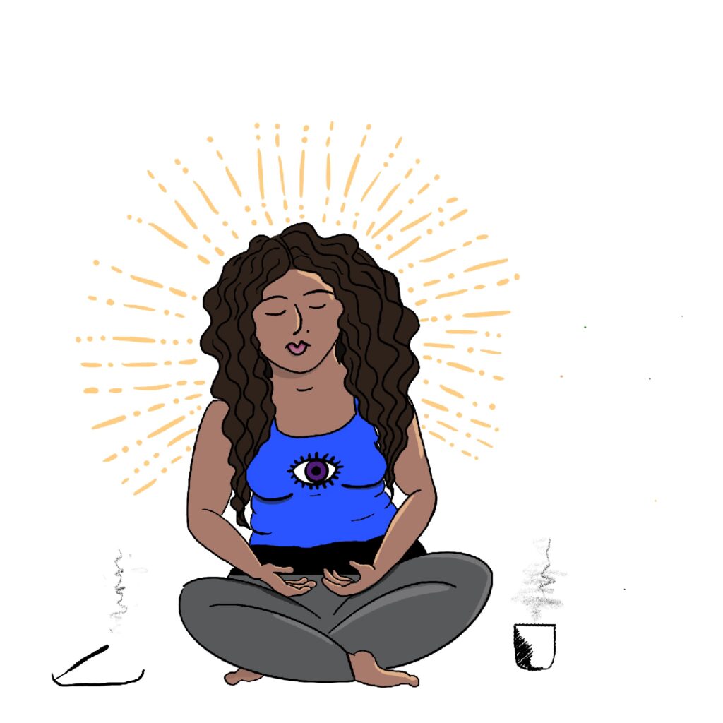 image of a brown-skinned woman with long, curly hair, sitting cross-legged with her hands open, palm up in her lap. she is wearing grey leggings, and a bright blue shirt with a purple eye in the middle. she is surrounded by golden lines in the form of a halo. on the left is an incense burner, with smoke coming off of the tip of the incense. on the right is a cylinder, possibly a mug or candle, with steam or smoke rising from it.