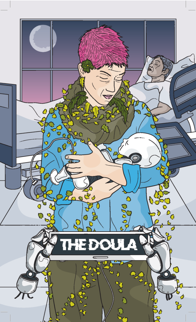 tarot card: "the doula;" person with pink, cropped hair covered in leaves holds a robot baby. there is a person laying in a hospital bed behind them. 